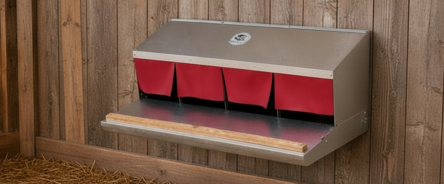 EggVault nesting box mounted on a barn wall inside a coop